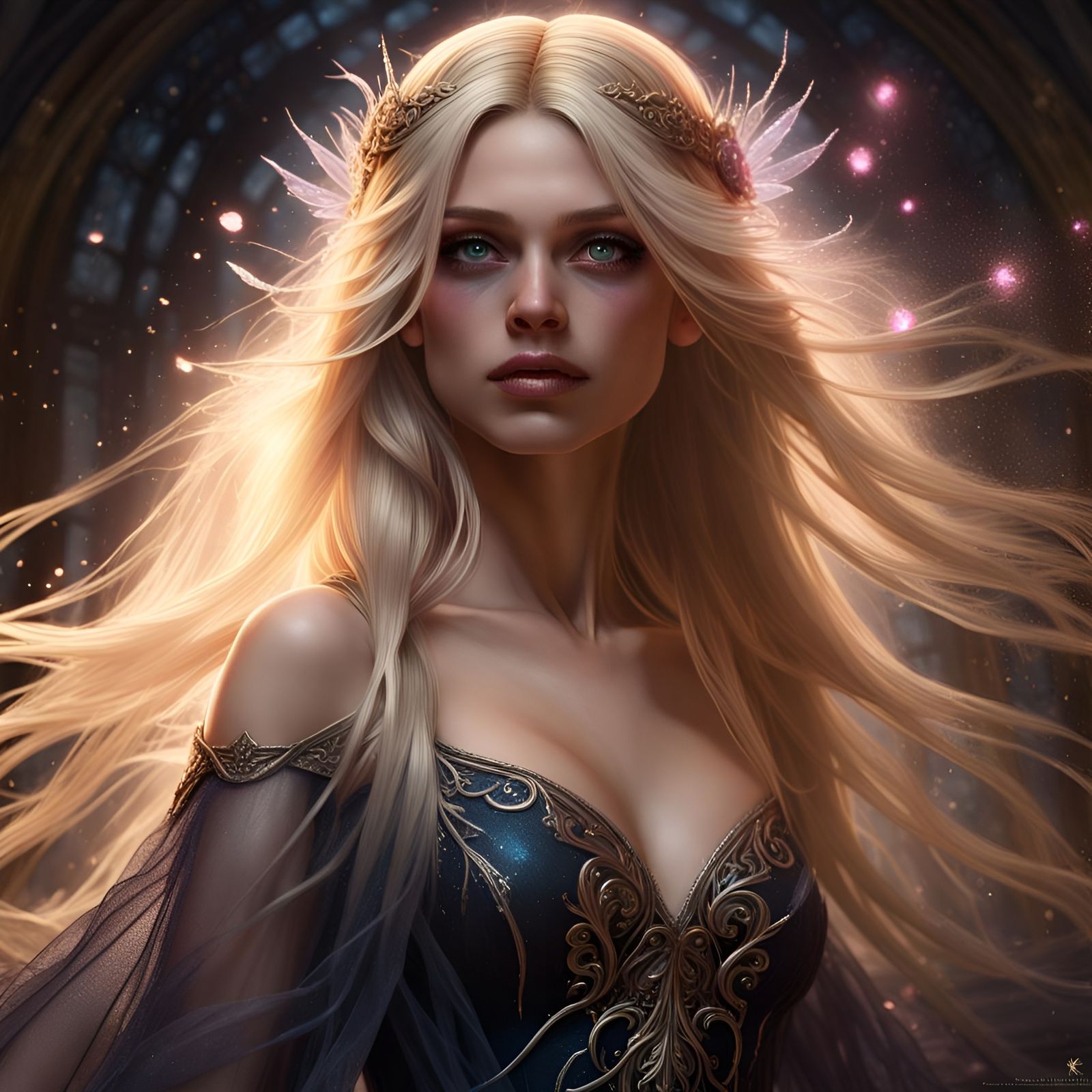 Blonde Fairy with Magic Eyes in Dark Fantasy Style