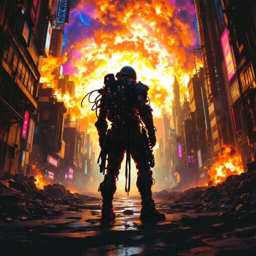 Biopunk Cityscape Explosion in Style of Syd Mead