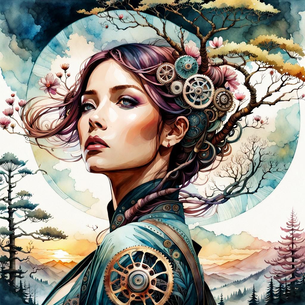 Double Exposure Dogwood Hawk Tree, Digital Watercolor Art