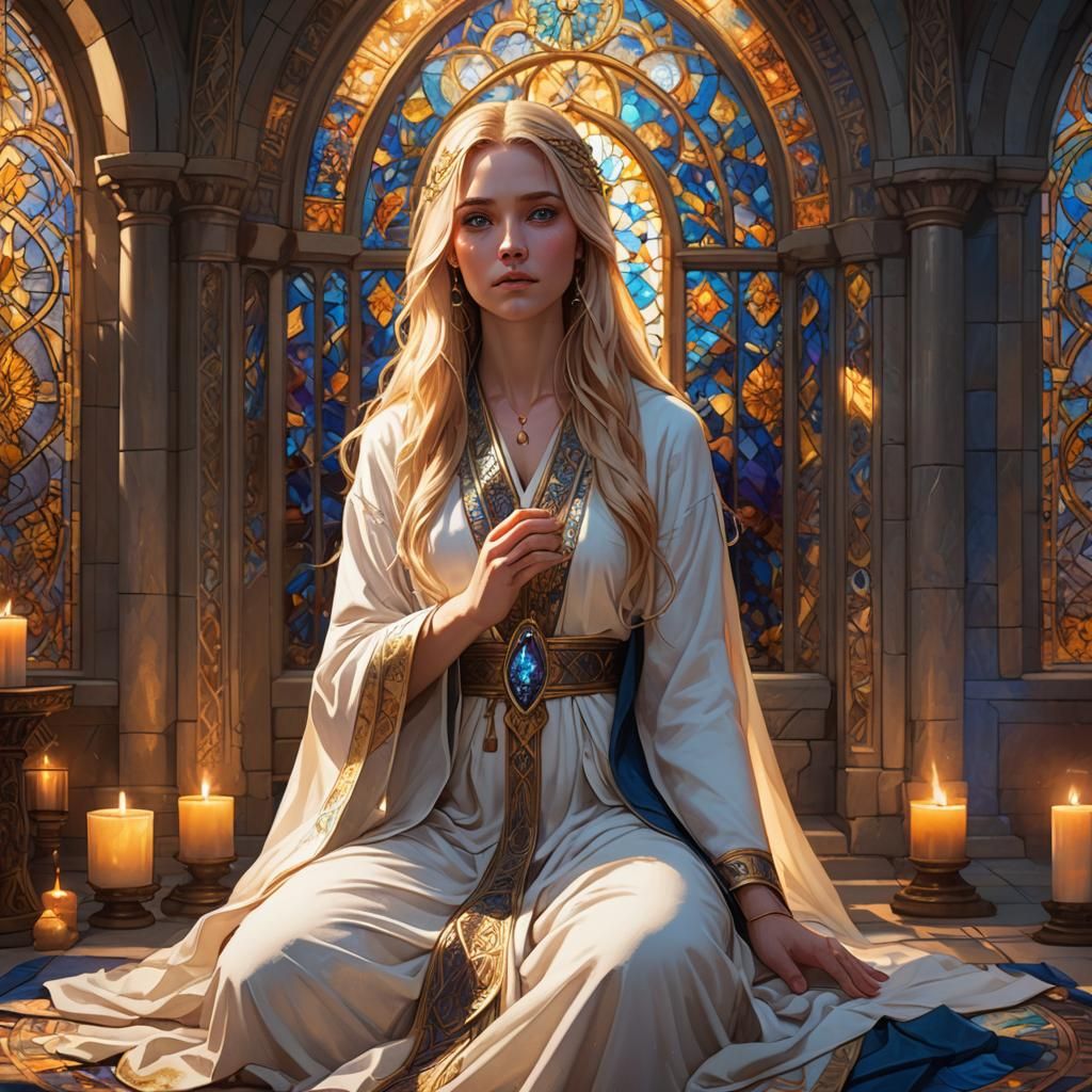 Young Priestess Kneeling in Prayer, Fantasy Art
