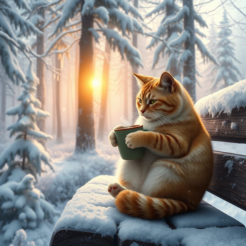 Whimsical Cat Sips Hot Chocolate in Snowy Forest Scene