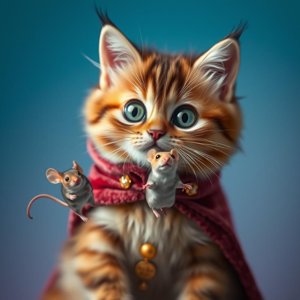 Cat Portrait with Mouse, in Fantasy Art Style