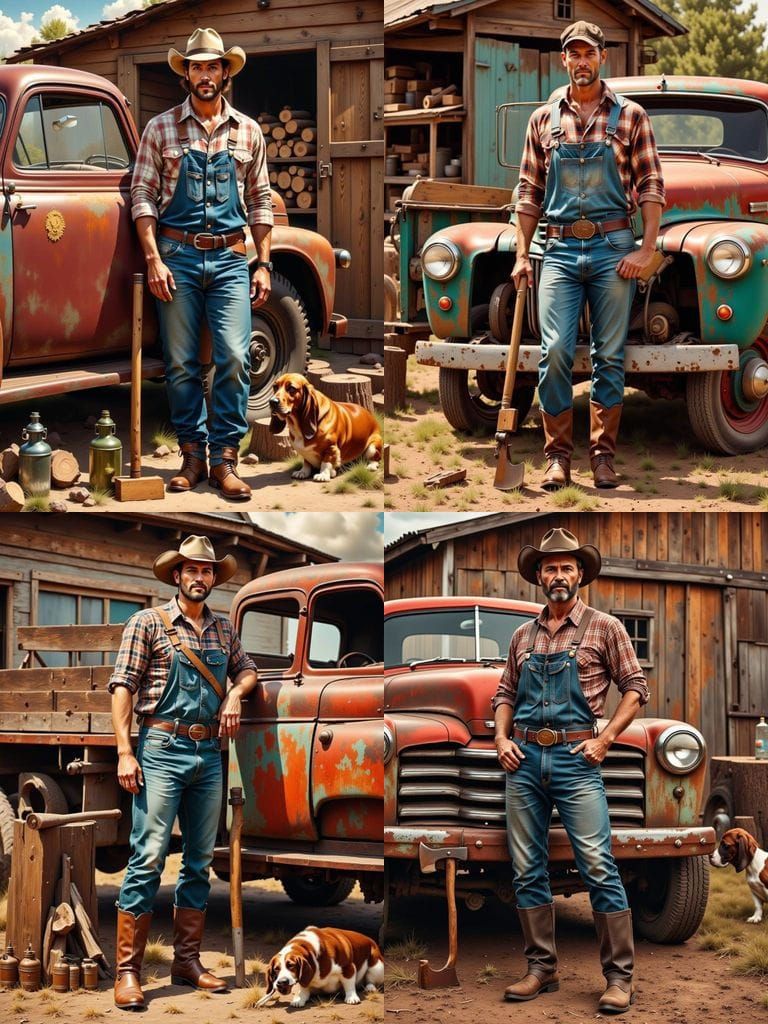 Vintage 1950s Man with Truck and Dog