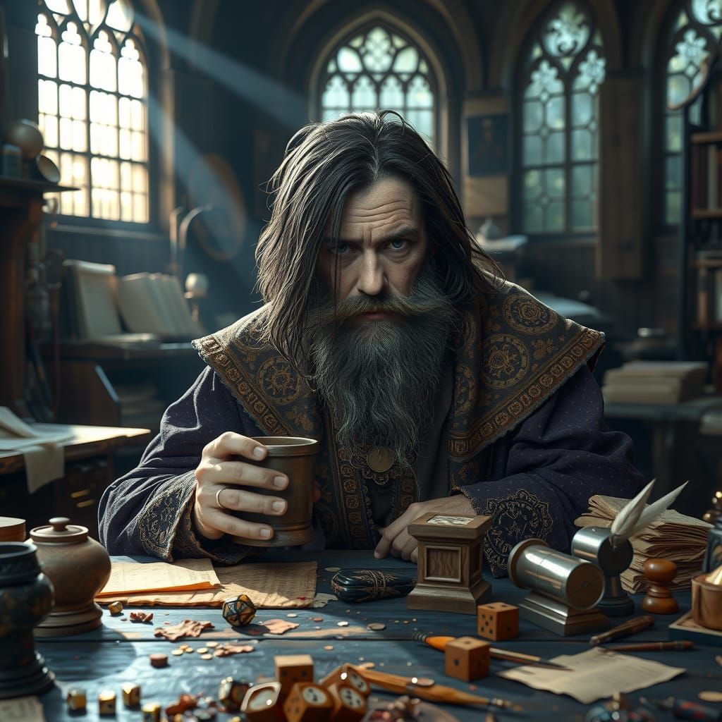 Tired Mage Amidst Whimsical Workshop Wonders