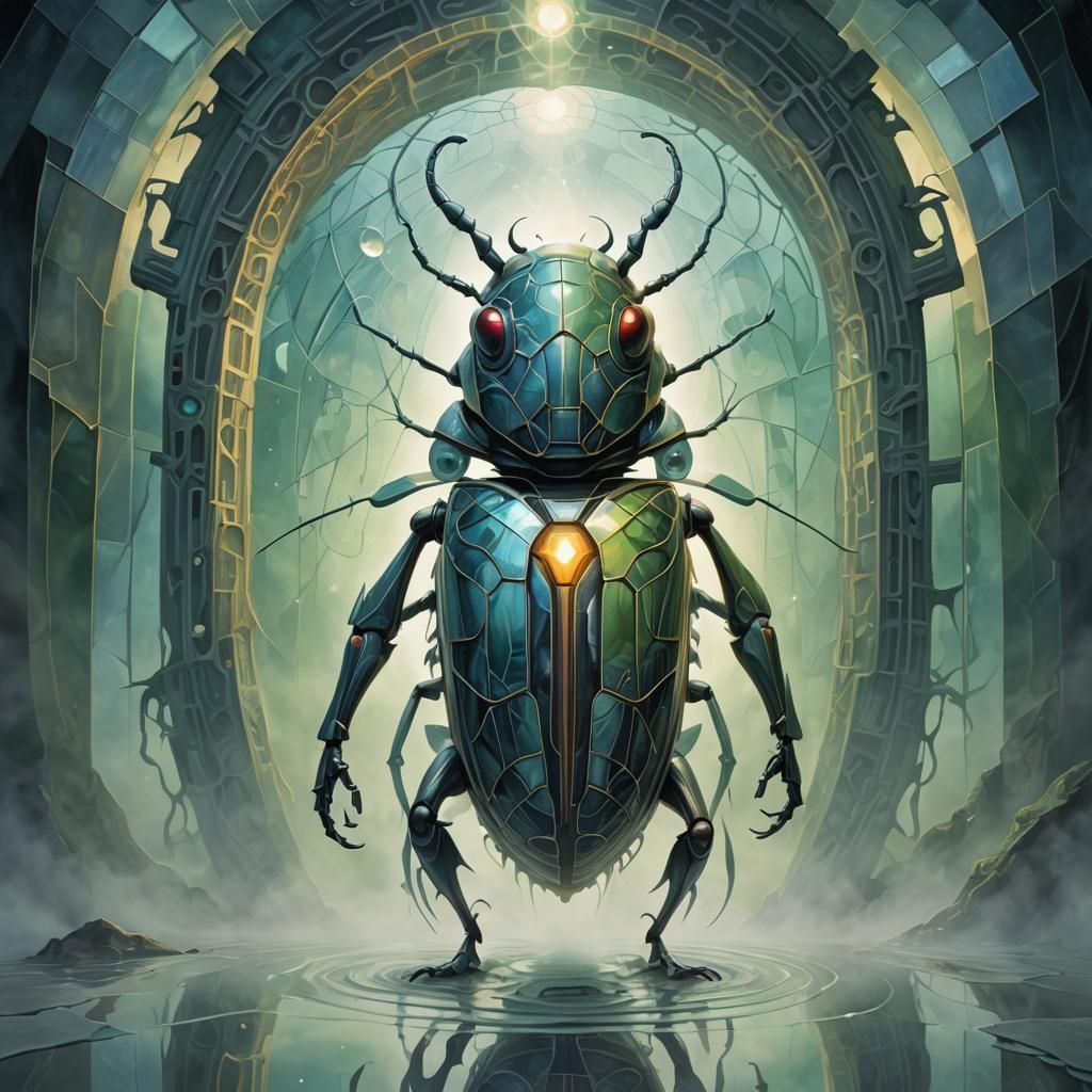 Beetle's Crystalline Portal: Cell-Shaded Cubism