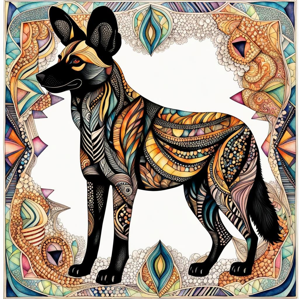 African wild dog; zentangle, satarry, psychedelic, surreal, art deco, watercolor