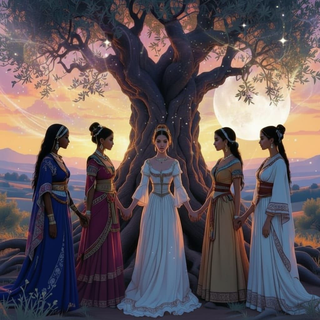 Surreal Dawn Scene of Women Holding Hands by Olive Tree