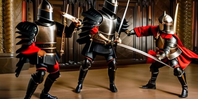 Armored Knights Duel in Castle Room, Professional Photograph...