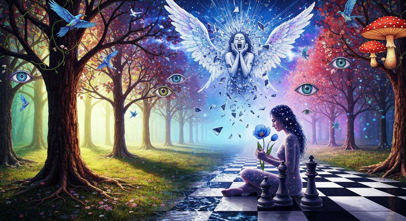 Stained Glass Forest Glade with Astral Sky and Angel