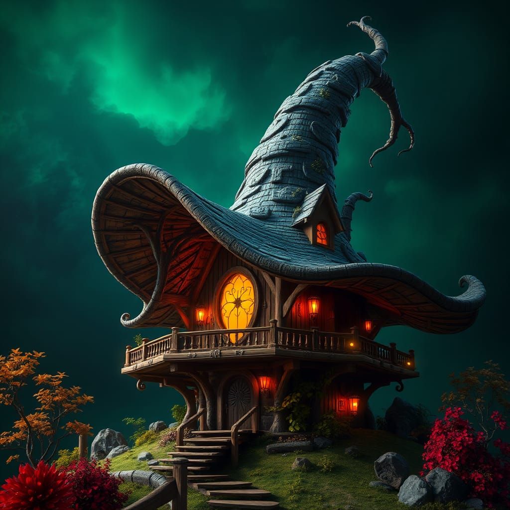 Mystical Witch's Hat House in a Matte Painting Style