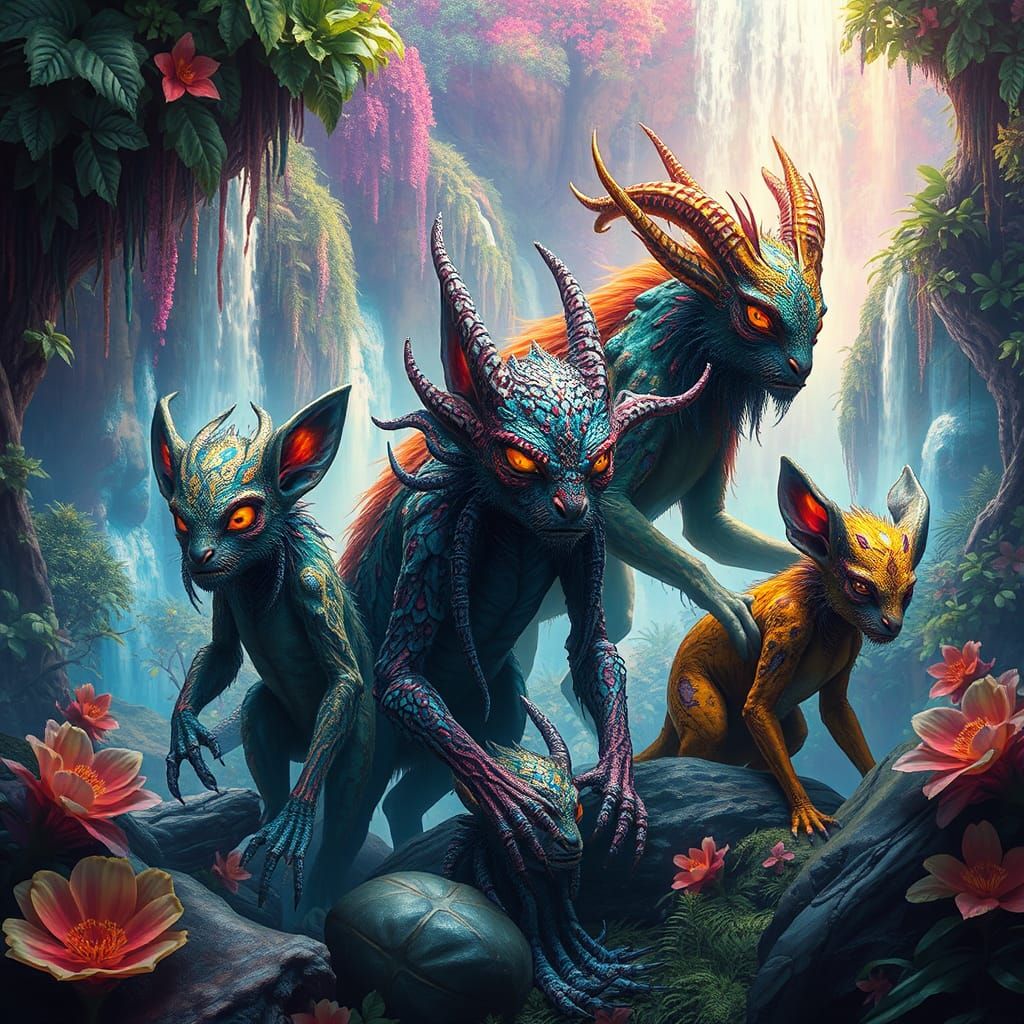 Majestic Animal Mutants in a Vibrant Fantasy Landscape