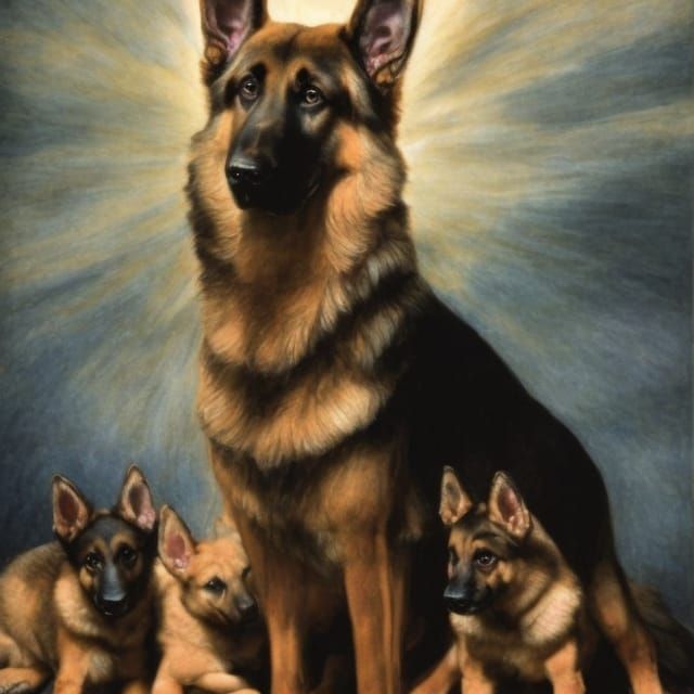 Renaissance Portrait: German Shepherd Dog and Puppies