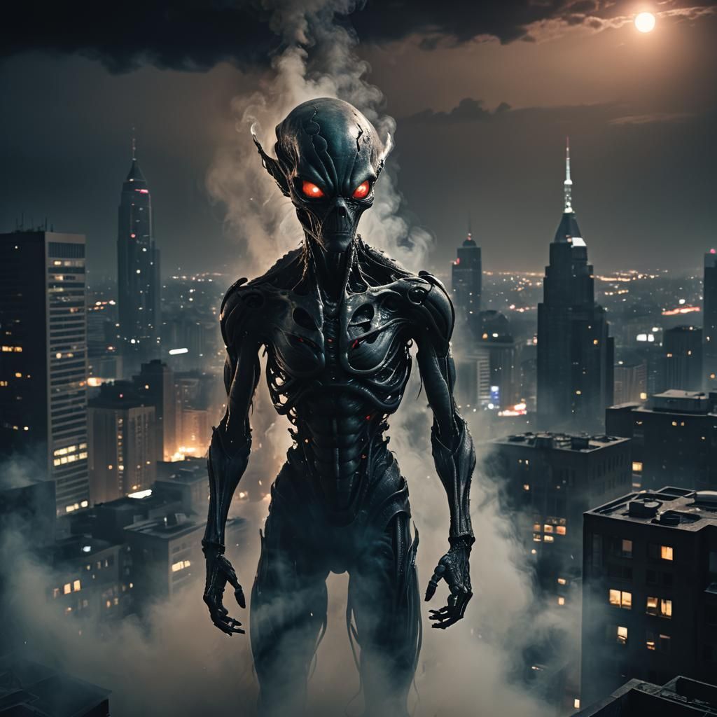 Eerie Alien in Dimly Lit Room in Surreal Style