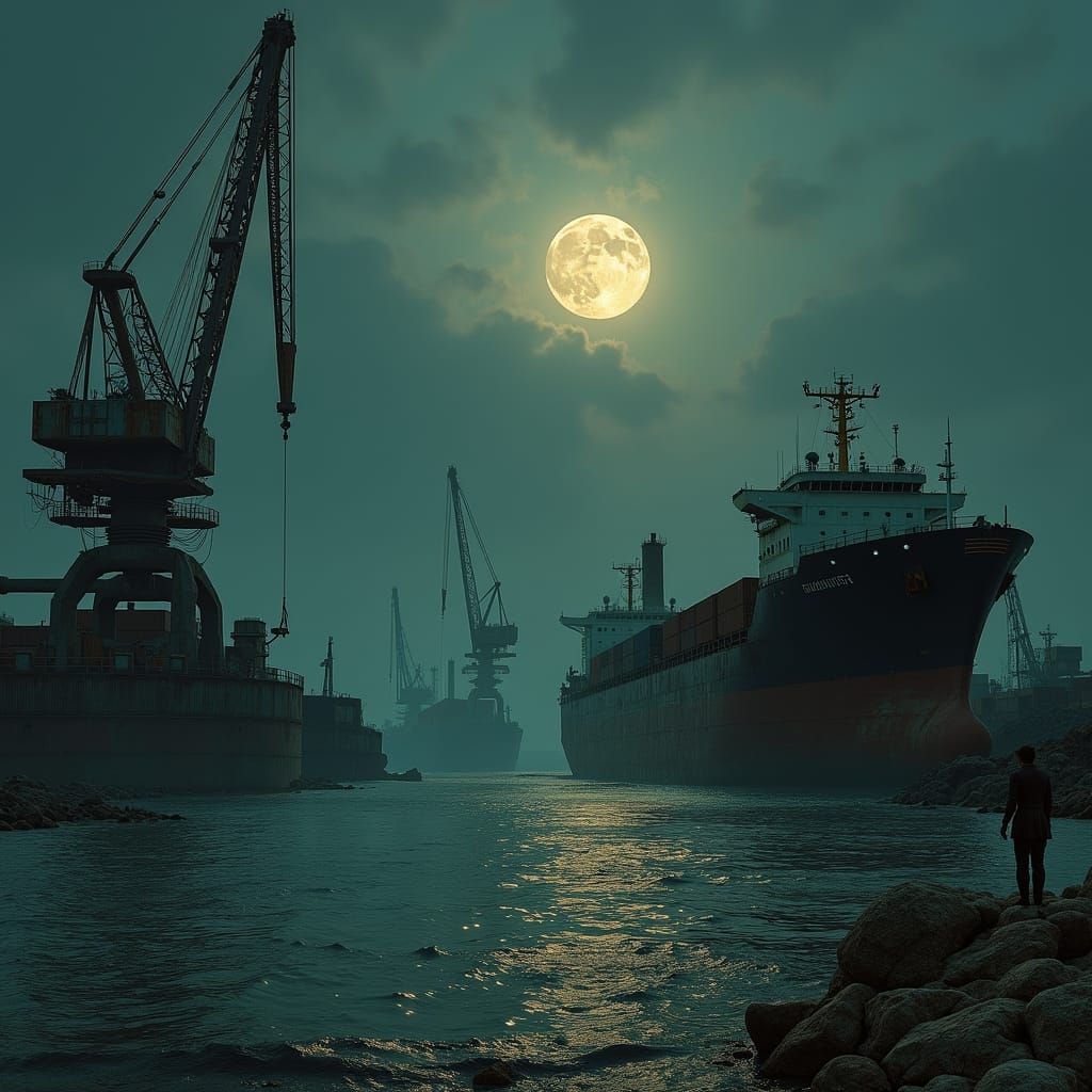 Moonlit Dystopian Port Scene with Rusted Containers