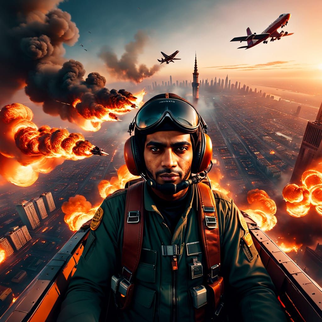 Muslim Pilot Over Burning City in Cinematic Film Still