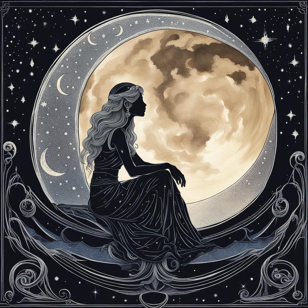 Ethereal Goddess Nyx on Crescent Moon