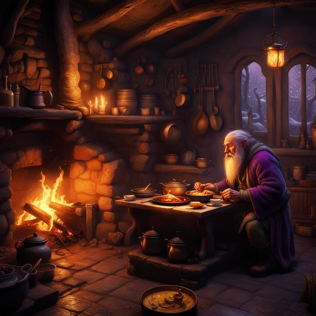 Cozy Hobbit Dinner: A Dark Fantasy Concept Art