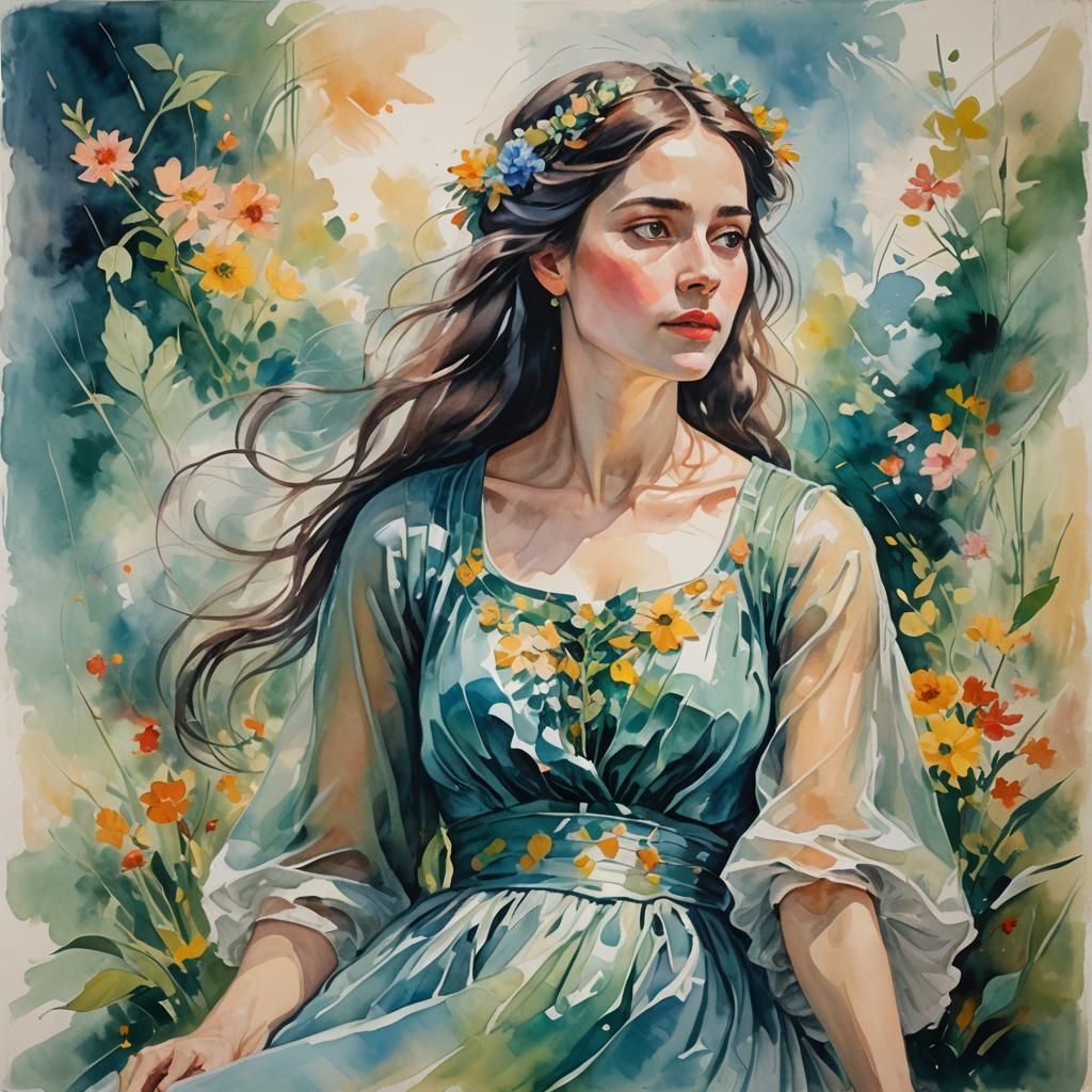 Ethereal Woman in Gouache Watercolor Style