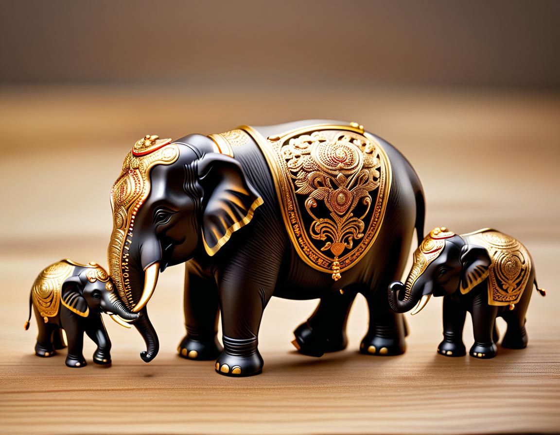 Miniature Asian Elephant Figurines in Light Wood