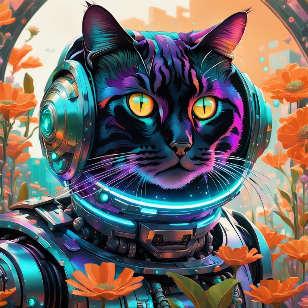 Robotic Persian Cat in Chrome Flower Garden