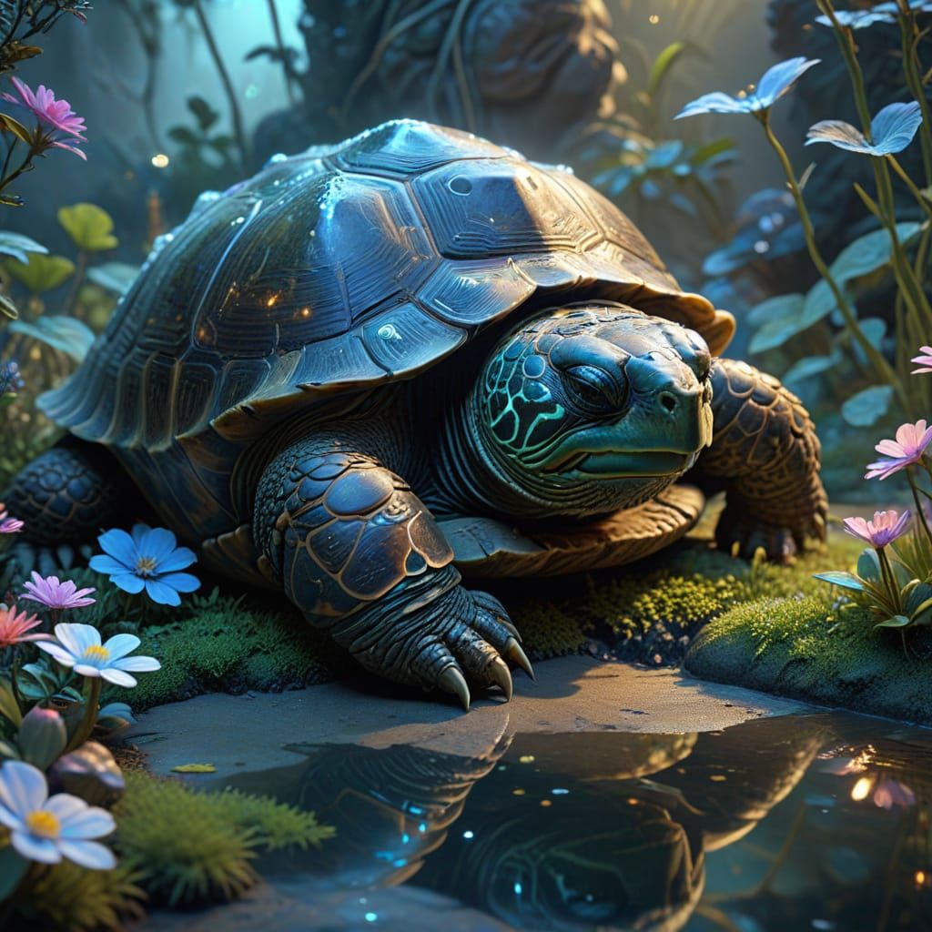 Wise Tortoise Meditates in Bioluminescent Zen Garden