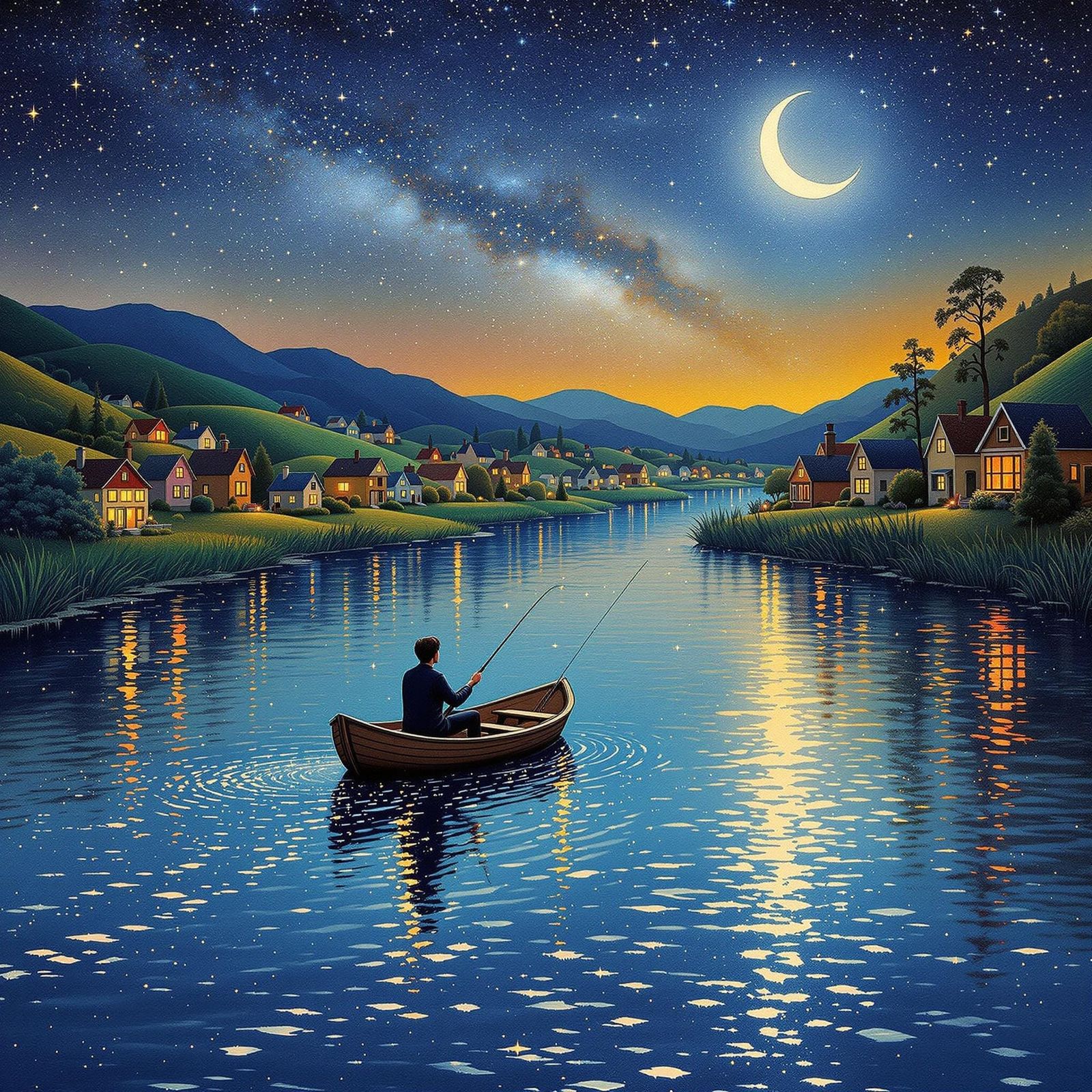 Serene Moonlit Fishing Scene in Vibrant Colour