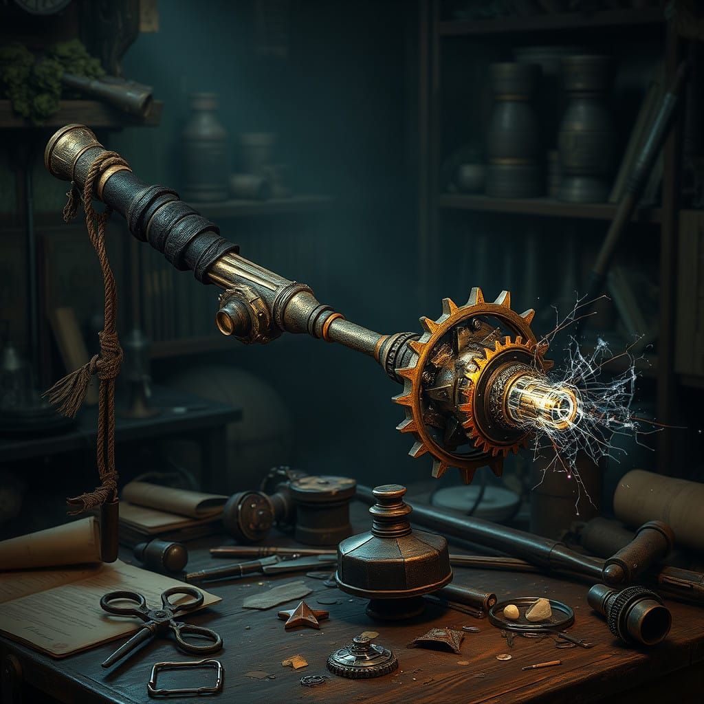 Magical Steampunk Beat-Stick in a Mystical Workshop