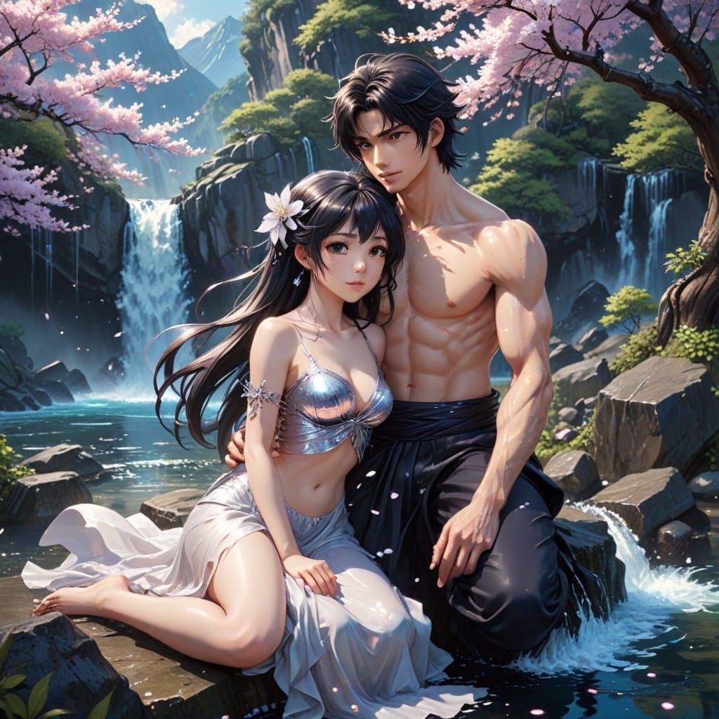 Anime Couple by Waterfall in Starlight Attire
