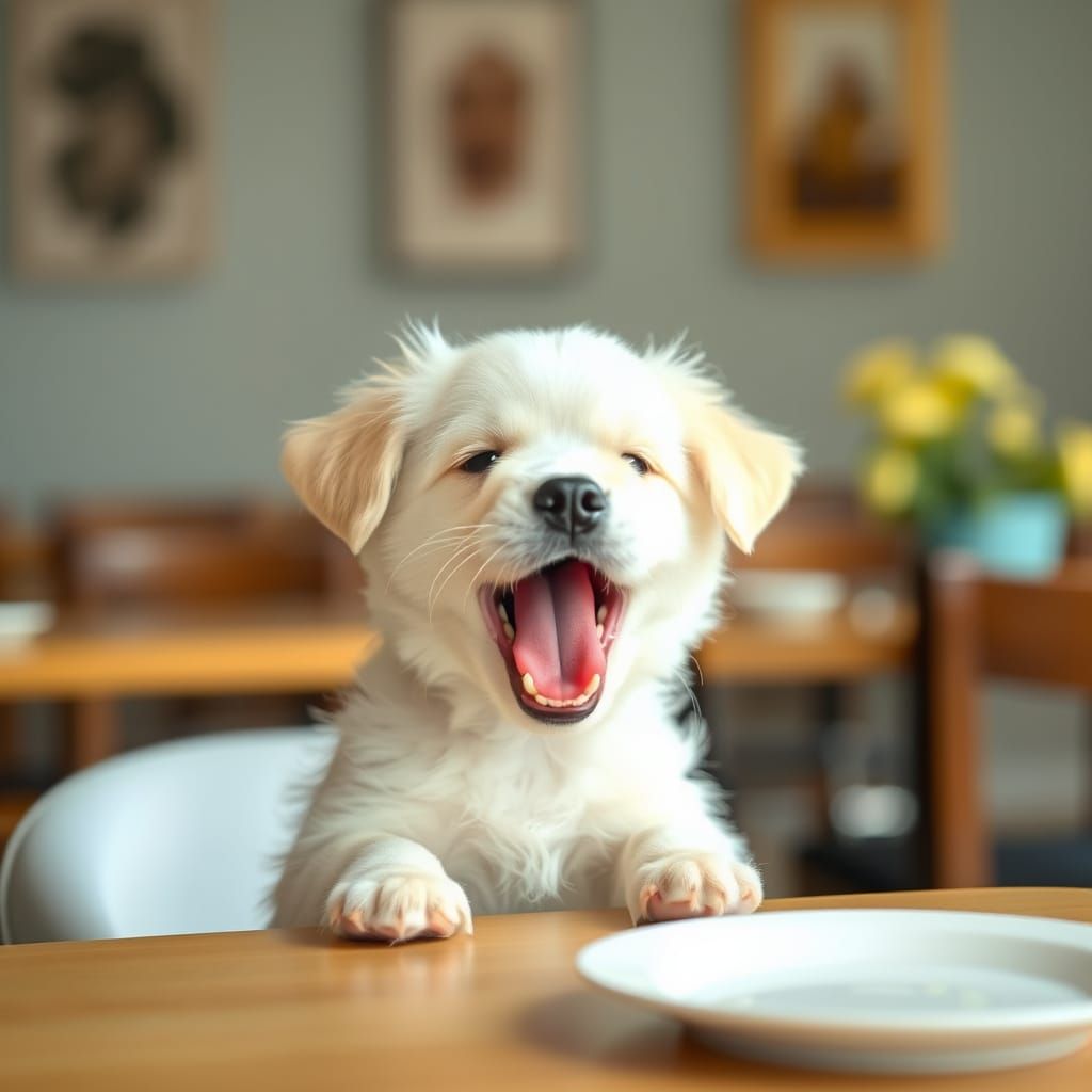 Cute White Puppy at the Dining Table
