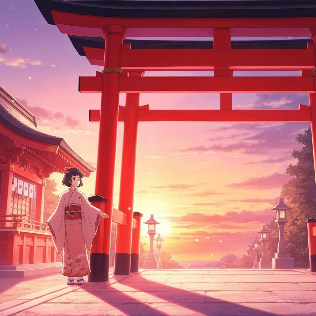 Miko Beckons at Sunset Beside Red Torii Gate in Anime Style