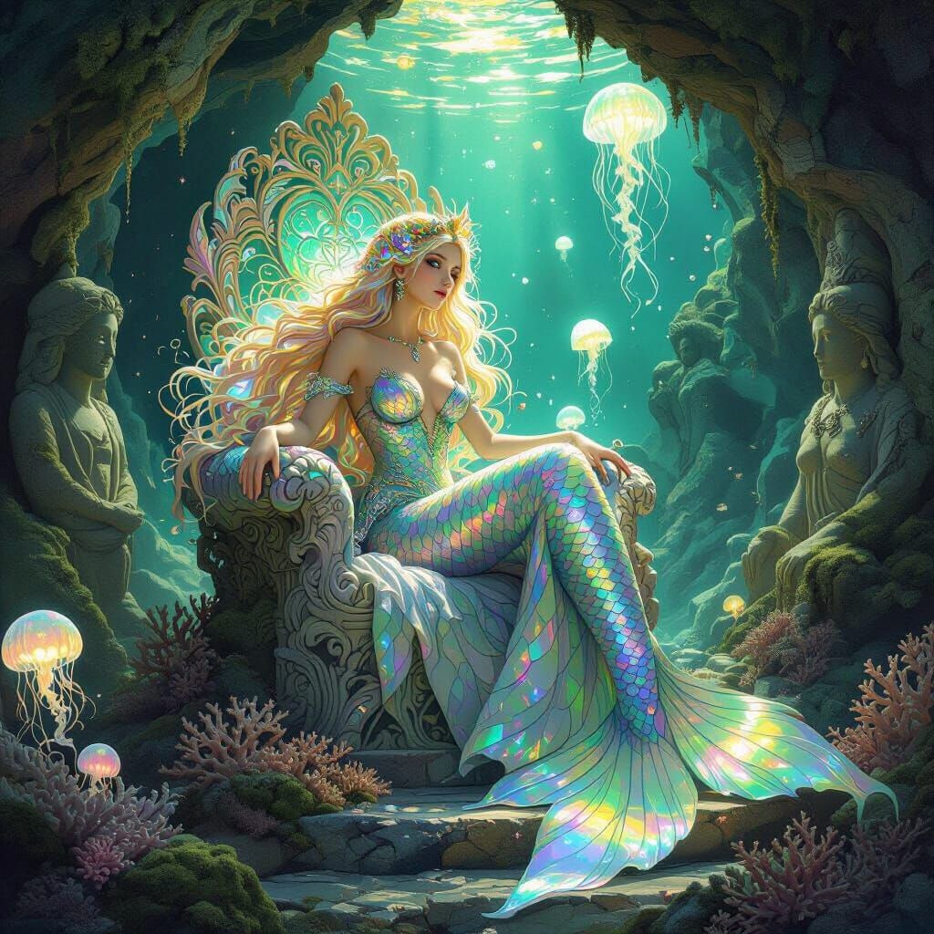 Celestial Mermaid in Bioluminescent Grotto, Art Nouveau Styl...