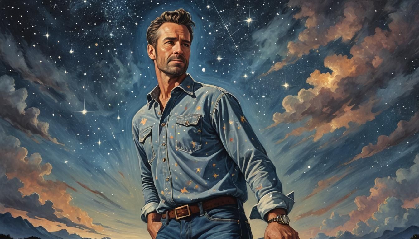 Man Poses Under Dazzling Night Sky Painting