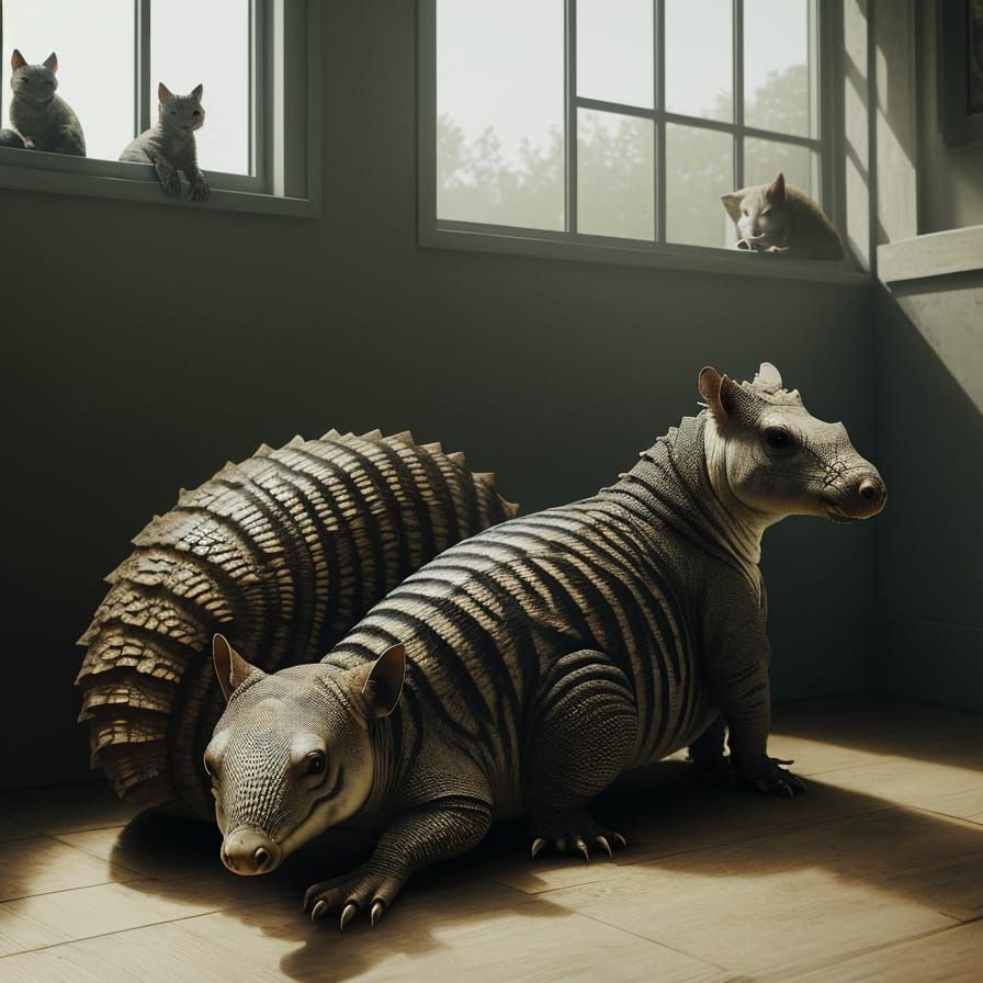 Armadillo and Cat in Cinematic Film Still
