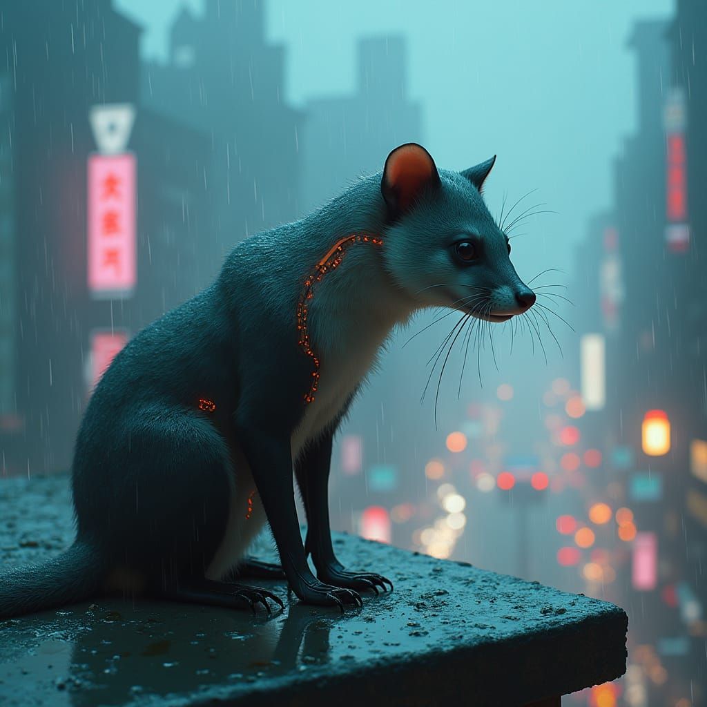 Cyborg Weasel Contemplates Dystopian Metropolis in Rainy Nig...