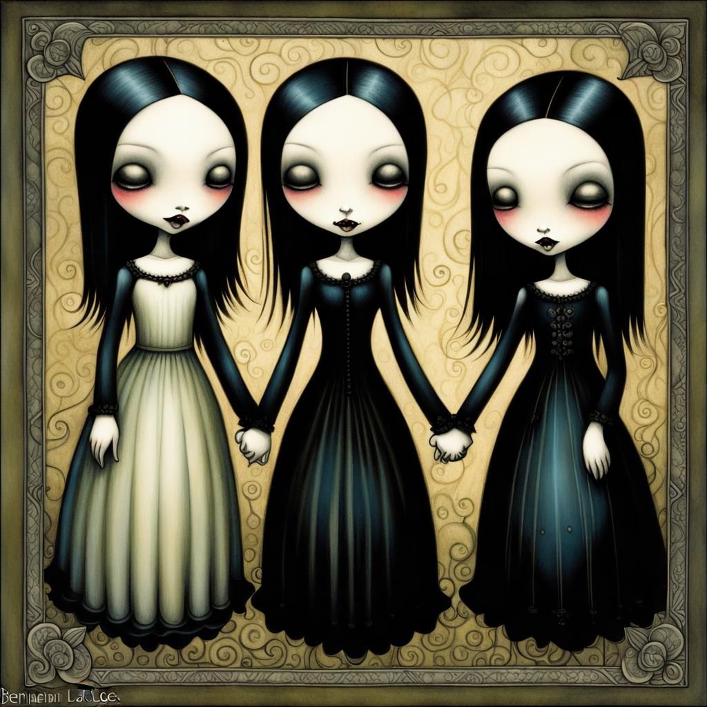 Gothic Lowbrow Art: Four Laughing Girls Holding Hands