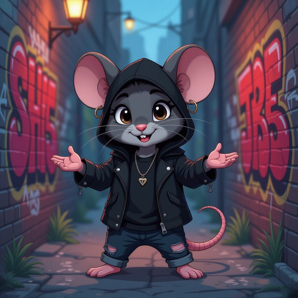 Shy Emo Mouse Shrugging in Graffiti Alley