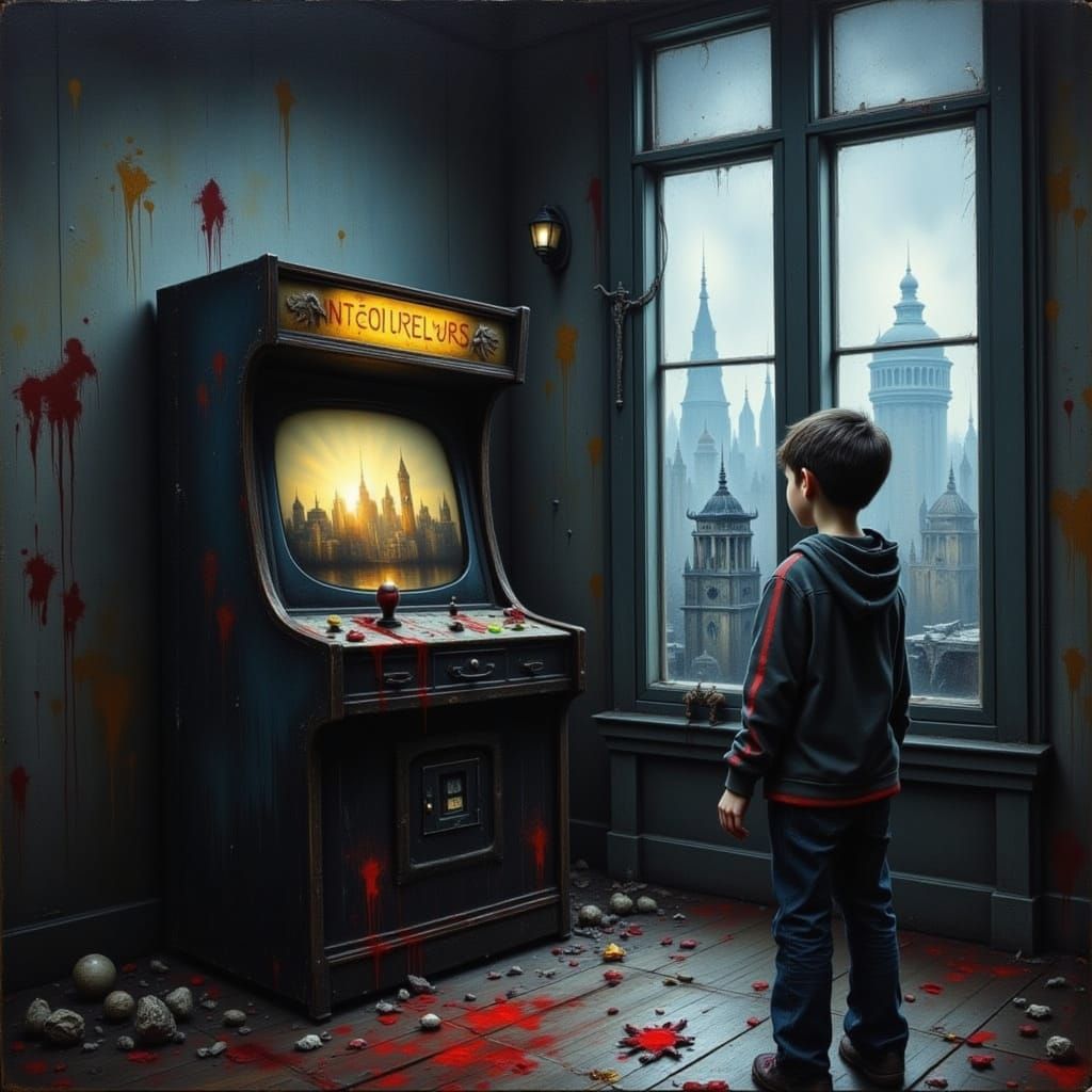 Boy Before Glowing Arcade Machine in Dark Room