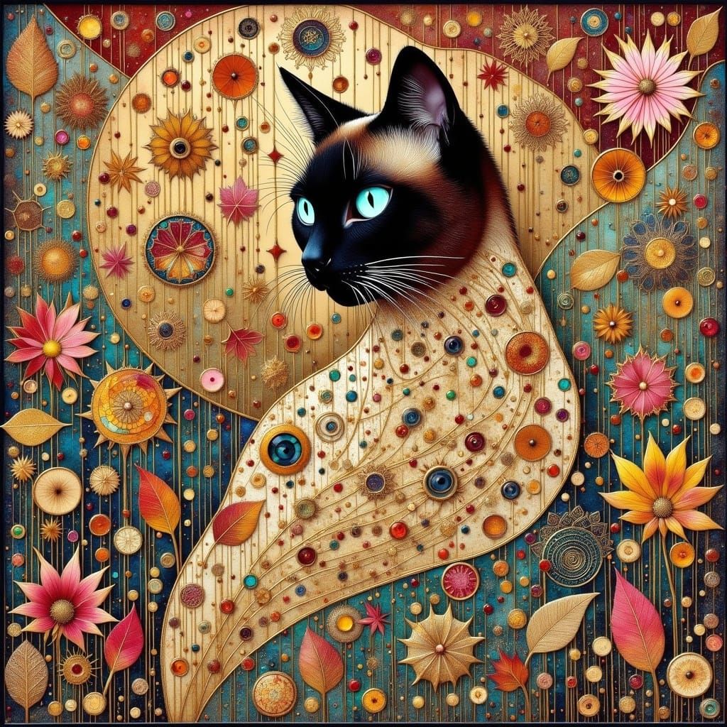 Siamese Cat in Art Nouveau Style with Earthy Elements