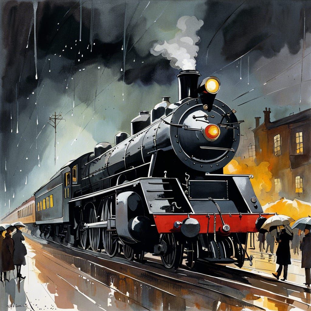 1970s Steam Locomotive Arriving in Rainy Weather