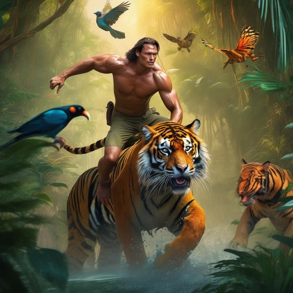 Tarzan riding a tiger