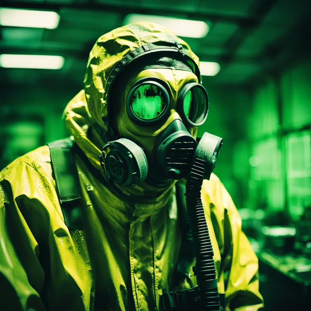 Terrified Hazmat Figure in Abandoned Lab: Horror