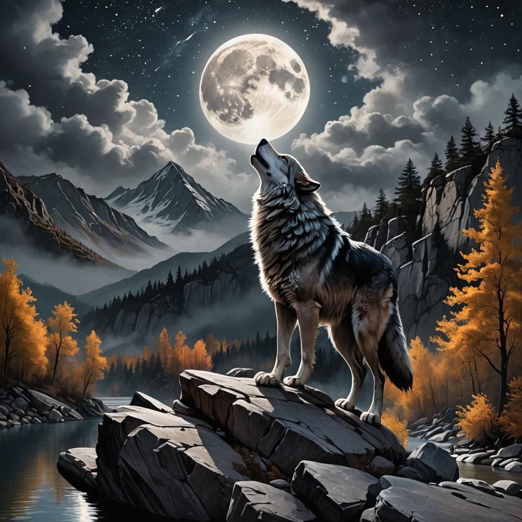 Lone Wolf Howling Under Silver Moon: Tachisme Painting