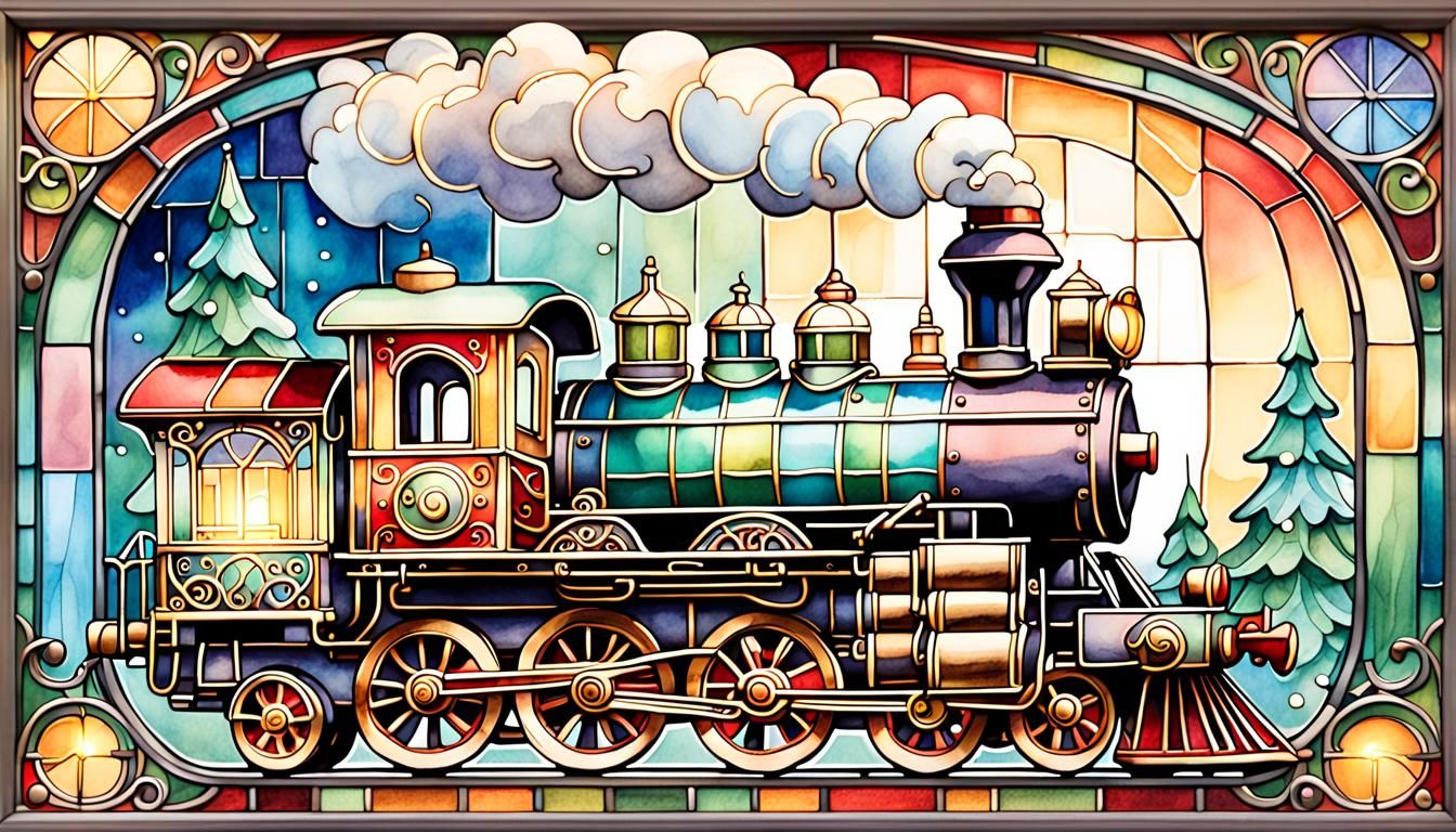 Christmas Toy Train in Stained Glass Frame