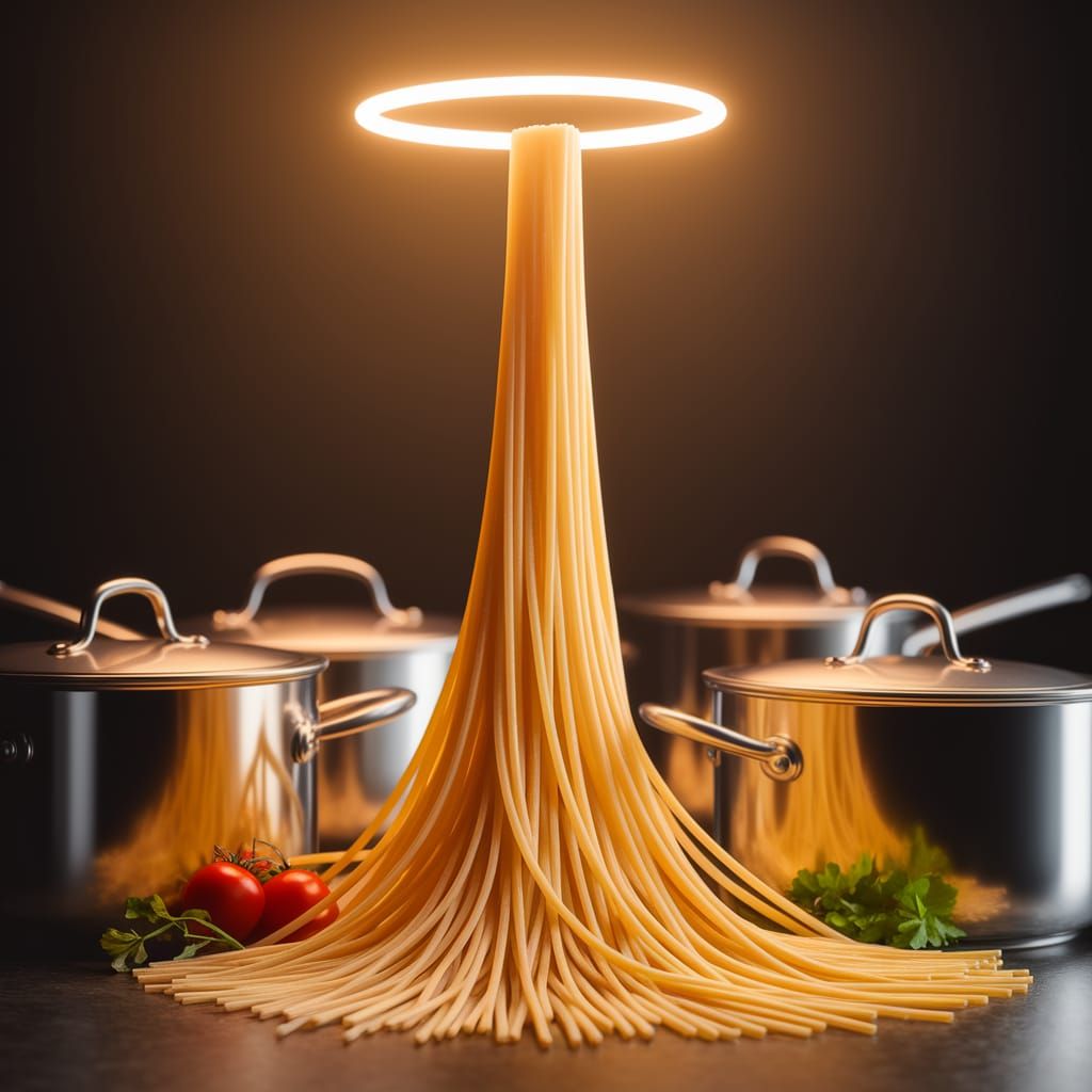 Golden Pasta Halo in a Vibrant Kitchen Scene
