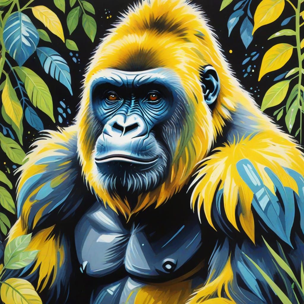 Vibrant Yellow Fuzzy Gorilla in Gouache Style
