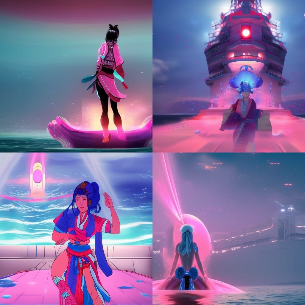 Blue AI in Kimono Before Ship: Digital Matte Painting