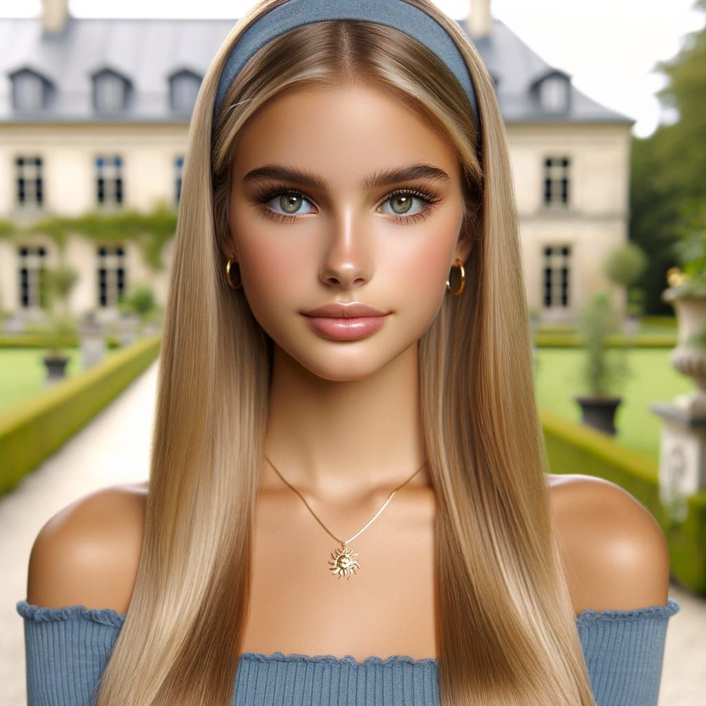 Young Blonde Woman in Blue Off-Shoulder Shirt in Garden