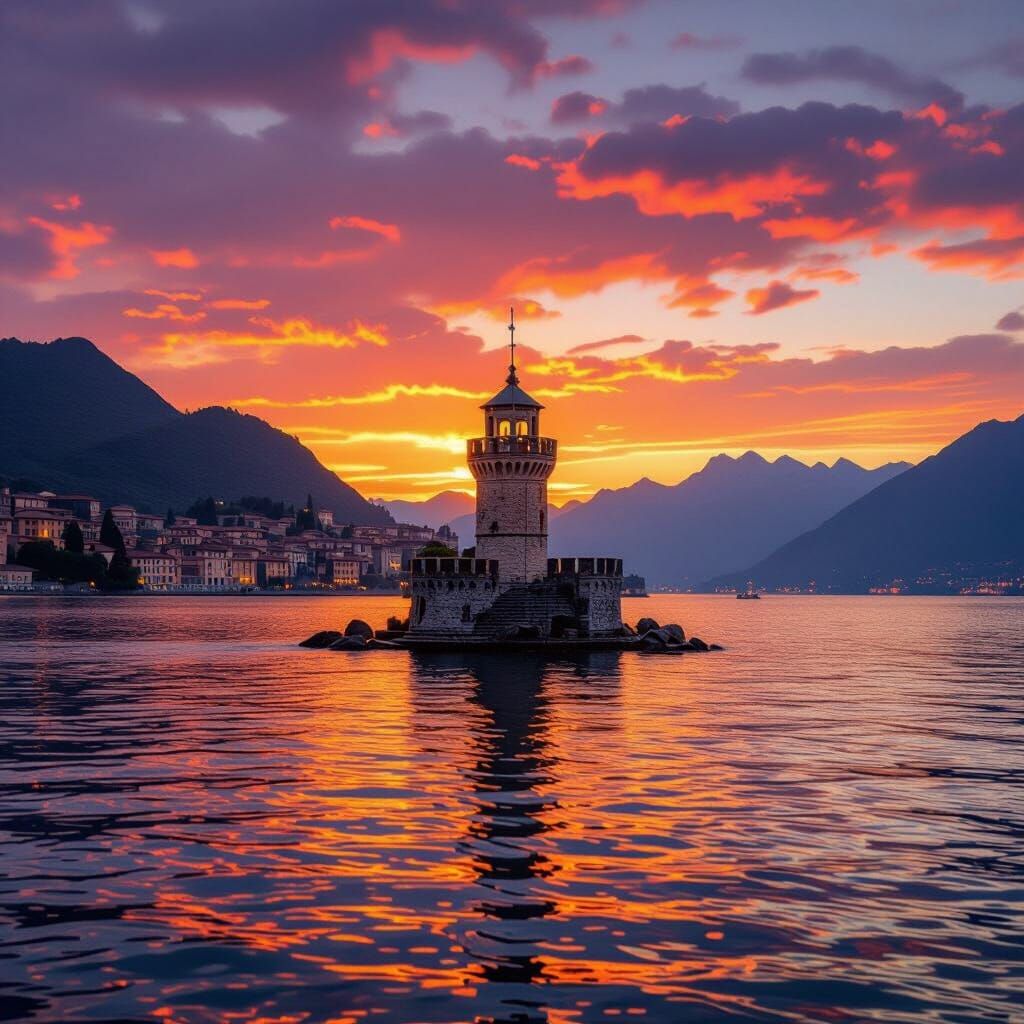 Island Tower on Lake Como at Sunset