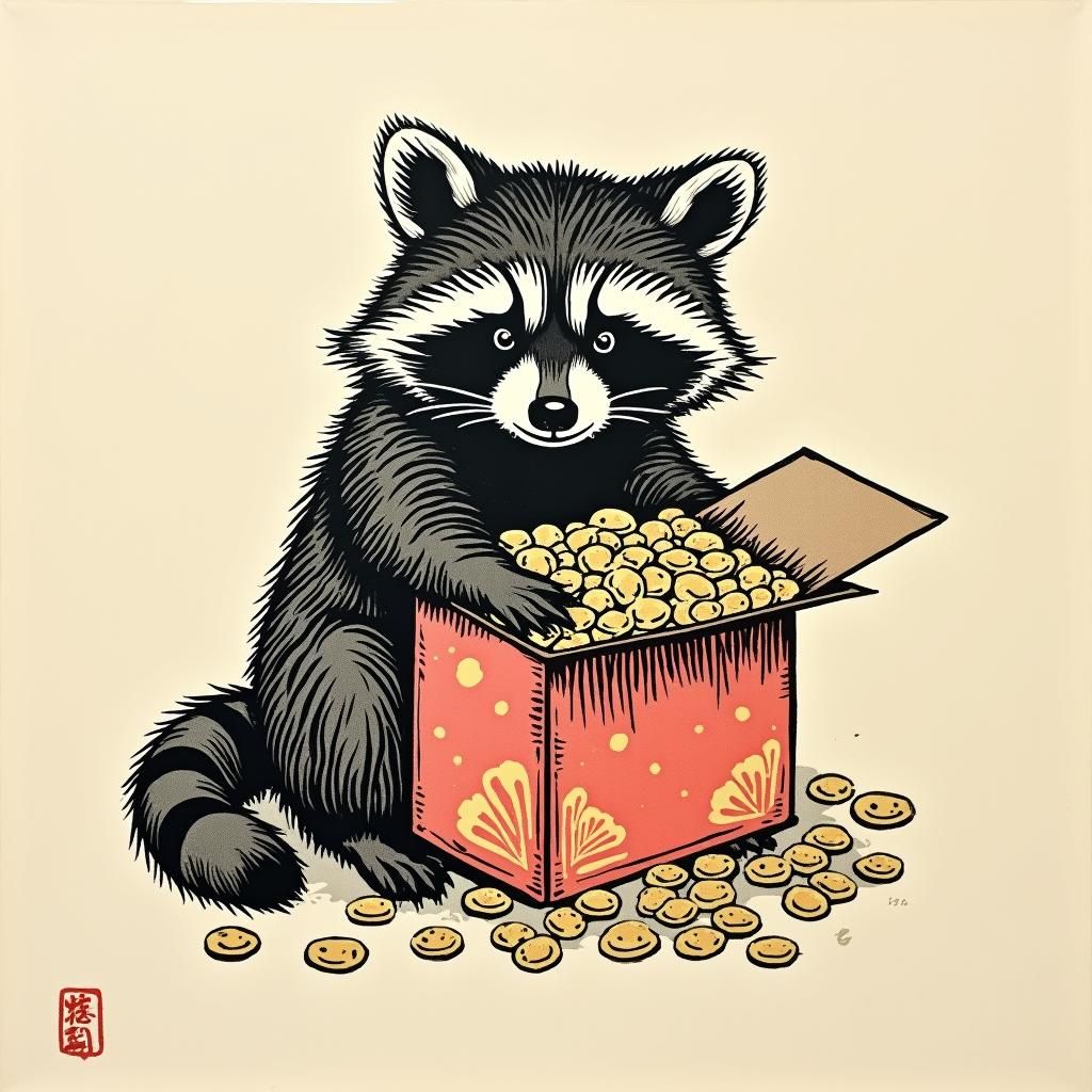 japanese woodcut inspired happy raccoon messily opening a bo...