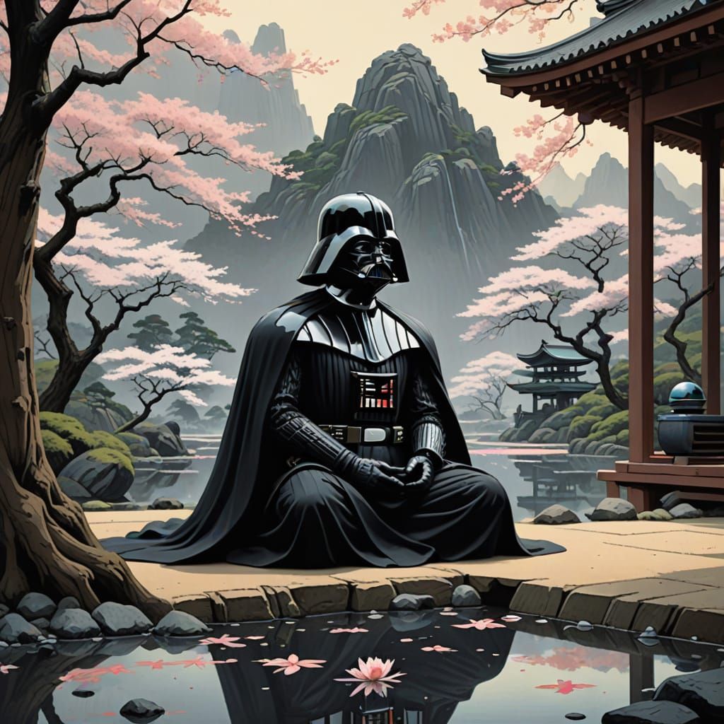 Darth Vader Meditating in Zen Garden, Ink Wash